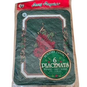 NWT Vintage PENNY PENGUIN'S Christmas 6 Placemats Red Poinsettias  15"‎ X 11" #F